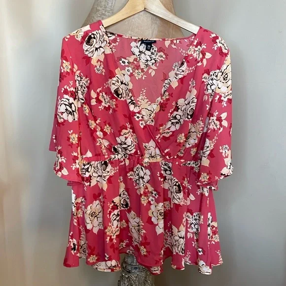 FLORAL WRAP GEORGETTE BABYDOLL BLOUSE CORAL Size 00 - Picture 4 of 15